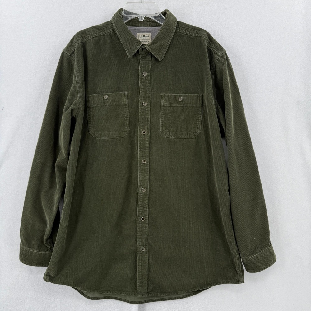 L.L. Bean Corduroy Shirt Men XL Tall Green Traditional Fit Long Sleeve Button Up